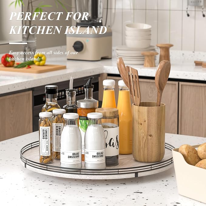 AMH 21-Inch Whitewashed Farmhouse Wooden Lazy Susan Organizer | Smooth rotating oak tray with walnut finish for dining tables, kitchen counters, pantries and cabinet storage. - Image 2