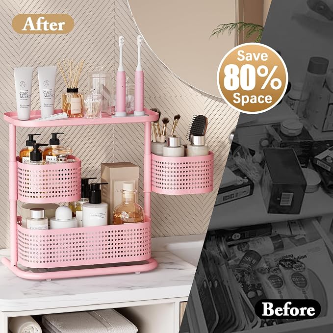 KINGRACK Metal Bathroom Counter Organizer，Rotating Countertop Storage Shelf | 3 Tier, Makeup Tray for Vanity, Perfume & Skincare, Standing Shelf for Bathroom Counter Storage, Pink - Image 6