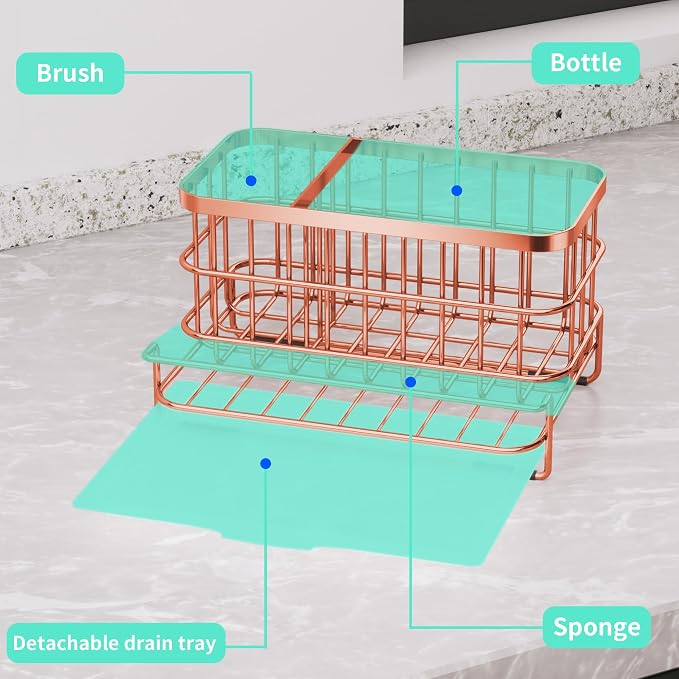 HapiRm Multifunctional Kitchen Sink Organizer, Large Sink Caddy with Drain Tray, SUS304 Stainless Steel Rustproof Sponge Holder for Kitchen Countertop - Rose Gold - Image 5