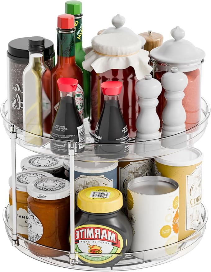 2 Tier Lazy Susan Turntable for Cabinet,Countertop,Pantry,12"W Spinning Seasoning Organizer,Double Rotating Kitchen Spice Rack Organizer and Condiments,Medicine,Vitamin Bottle Organizer Carousels,1Pc by SuoxingStorage