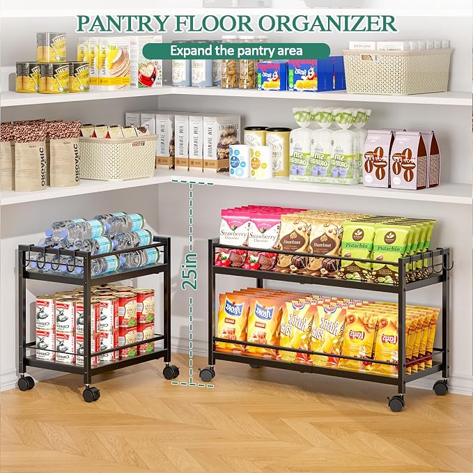 2-Tier Expandable Rolling Pantry Cart with Wheels, Adjustable Floor Organizer for Kitchen Pantry, Can Organizer for Pantry, Storage Cart for Snack, Food, Vegetables, Black, Patent Pending - Image 4