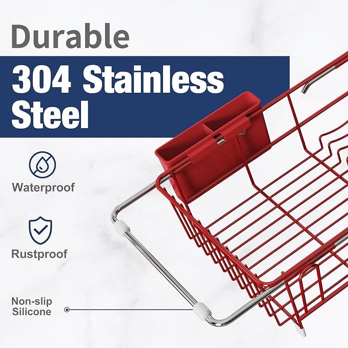 JASIWAY Red Dish Drying Rack in Sink with Drainboard and Utensil Holder | Use Over the Sink or Counter, Stainless Steel Expandable Dish Drainer for Small Kitchen, Space Saving, Fast Drain, Rustproof - Image 6