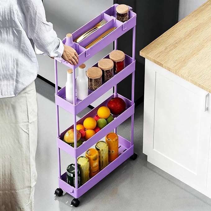 Slim Storage Cart 3 Tier,Bathroom Organizer Rolling Utility,Mobile Shelving Unit Slide Out for Office, Kitchen, Laundry Room & Narrow Places,Purple - Image 4