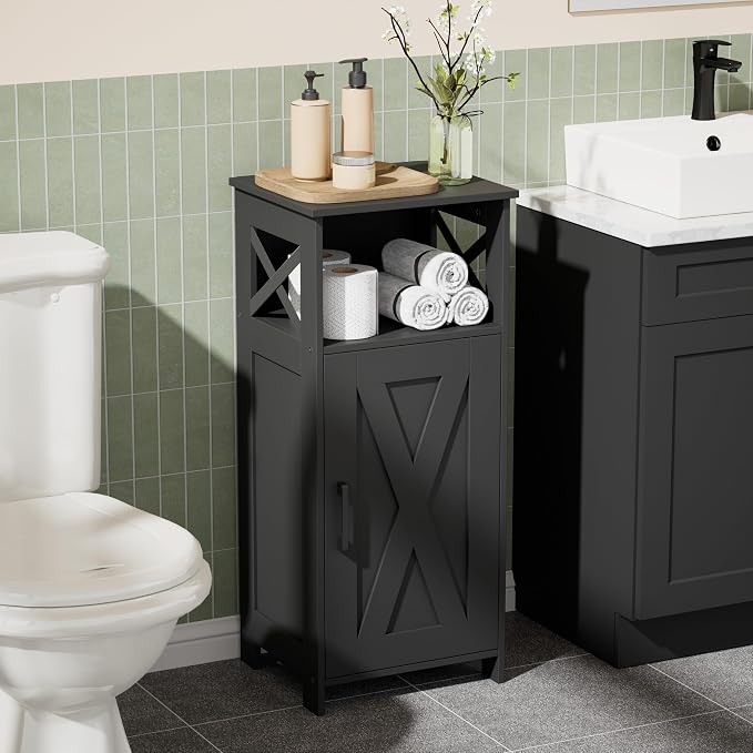 Homhedy Farmhouse Bathroom Storage Cabinet with Doors, Small Floor Cabinet | Toilet Paper Cabinet with Adjustable Shelf, Freestanding Storage Cabinet for Kitchen/Laundry/Living Room, 14"W, Black - Image 8