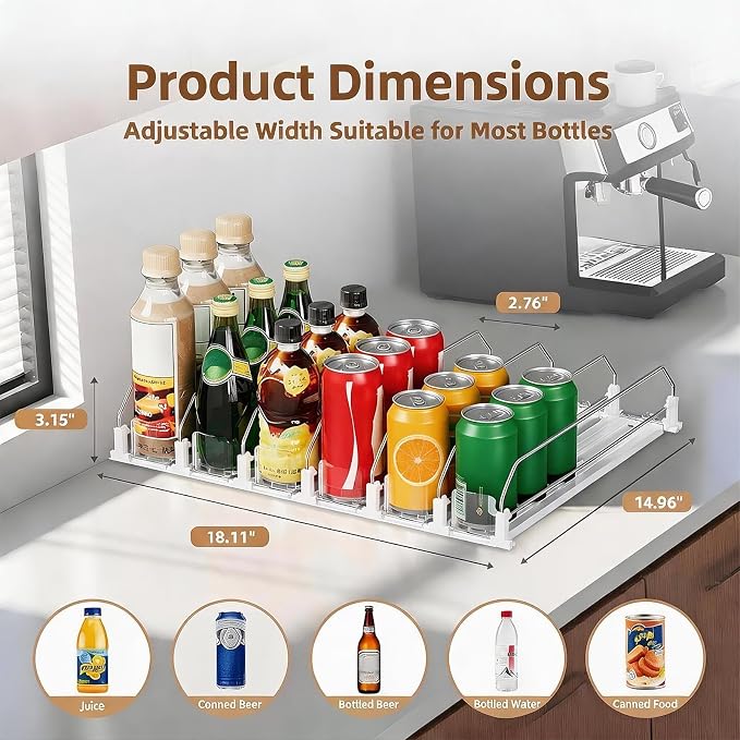 HIYOHIYO 6 Row Automatic Soda Can Organizer for Refrigerator, Depth 15" | Auto Push, Adjustable Width, Automatic Pushing Drink Dispenser for Fridge, Spring Loaded Can Pusher Holds up to 30 Cans - Image 2