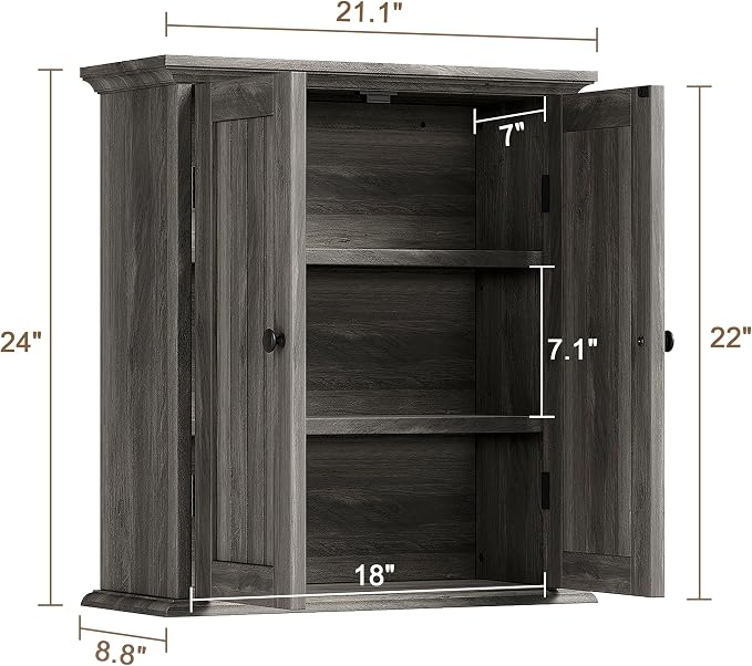 ChooChoo Bathroom Wall Cabinet with 2 Doors, Over The Toilet, Farmhouse | 8.8"D x 21.1"W x 24"H, Medicine Cabinet, Adjustable Shelves, Cupboard, Retro Grey - Image 3