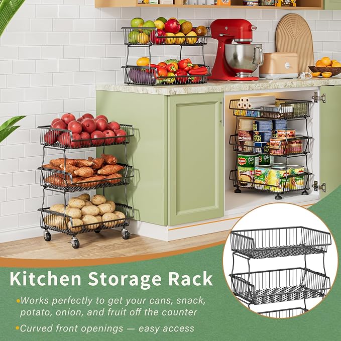 OKZEST Pantry Organizers and Storage Cart with Upgraded Metal Hub Casters | Fits under pantry shelf, Stackable fine-mesh wire baskets, 3-Tier rolling cart holds drink, snack, can, potato, onion, fruit - Image 6