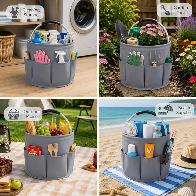 Cleaning Caddy with Handle, 17L Foldable Storage Basket, Heavy Duty 600D Oxford Cloth Organizer, Portable Supply Bag, Multi-Purpose Supplies Caddy for Home, Bathroom, Kitchen, Garden - ( Dark Gray ) - Image 4