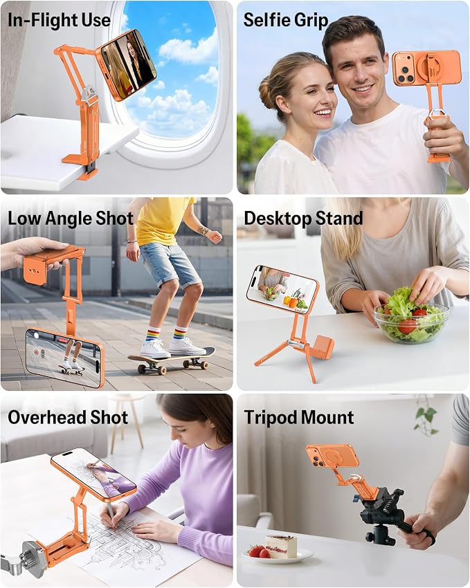 OMOTON TP02-Pro 5 in 1 Magnetic Phone Holder for Vlogging Essentials,Orange | Arca-type Base with a 1/4" Screw Hole, Magnetic Ring with Rear Attachment Plate, for iPhone 12-17 Series, Gym Kitchen Travel - Image 5