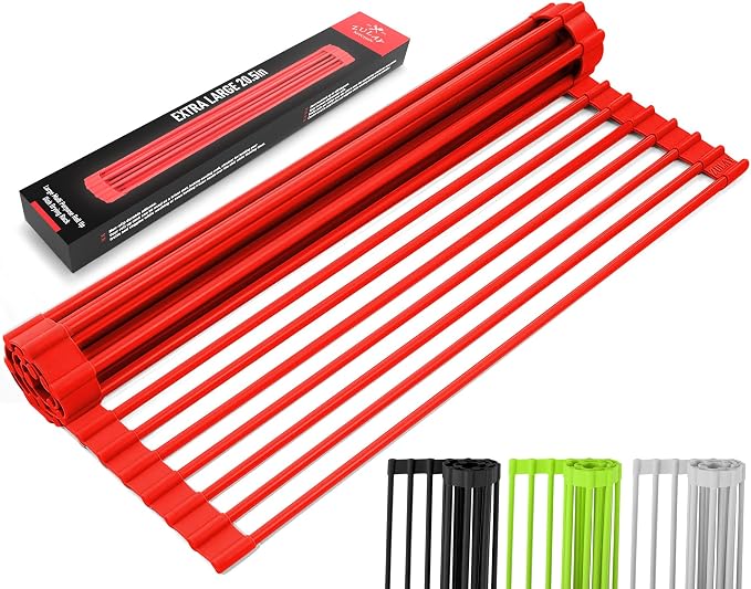 Zulay Kitchen Large Roll Up Dish Drying Rack - Heavy Duty Silicone Wrapped Steel Rods Over Sink Dish Drying Rack - Versatile Roll Up Sink Drying Rack & Trivet - Red,20.5 inches x 13 inches by ZulayKitchen