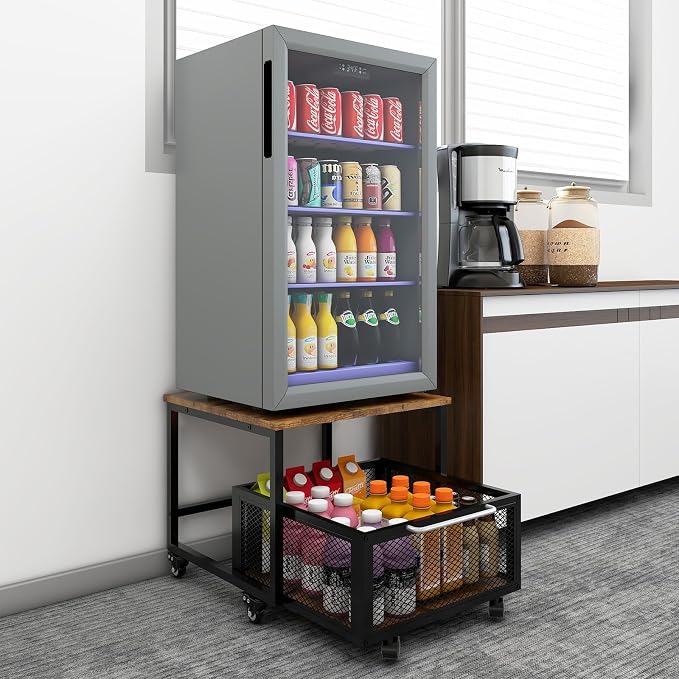PUNCIA 19.7" x19.7" Mini Fridge Stand with Storage Fridge Cart, Retro | Mobile Beverage Refrigerator Stand, Compact Refrigerator Organizer with Drawer & Rolling Basket for Home Office by PUNCIA