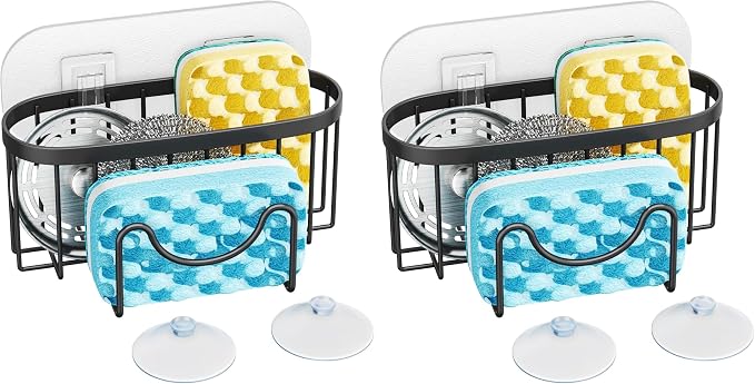 HapiRm Multifunctional Sponge Holder with Unique M-Shaped, 2 Installation Methods Kitchen Sink Caddy Organizer, Rustproof Stainless Steel Kitchen Organizers and Storage Essentials - Black (Pack of 2) by HapiRm