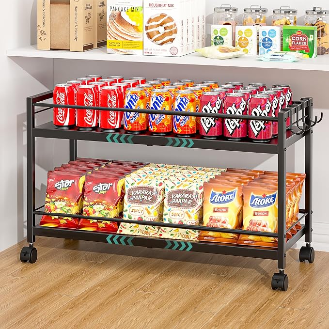 2 Pack 2-Tier Expandable Rolling Pantry Cart with Wheels, Adjustable Floor Organizer for Kitchen Pantry, Can Organizer for Pantry, Storage Cart for Snack, Food, Vegetables, Black, Patent Pending by 3IngSeagulls