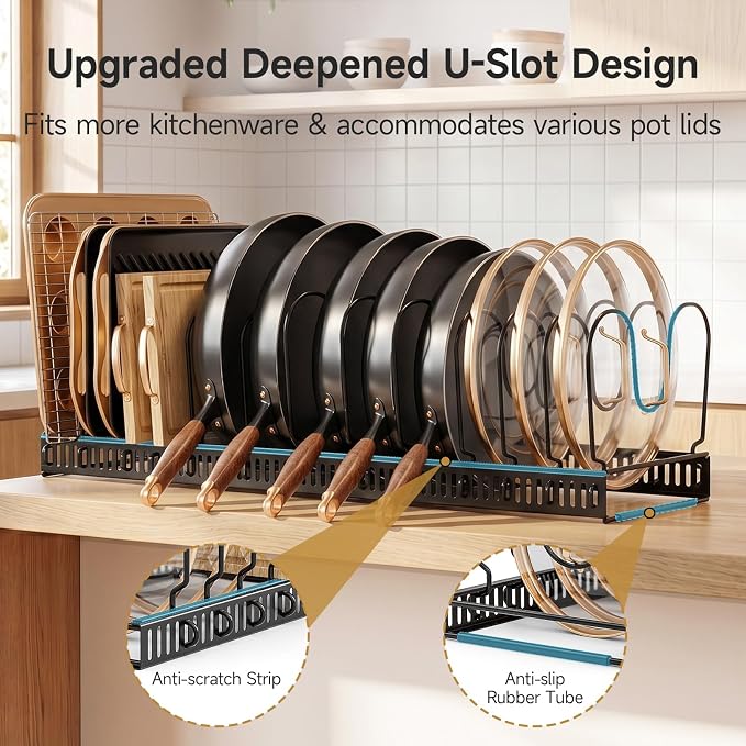 MUDEELA Pot Lid Organizer for Cabinet, Expandable Baking Pan Rack 14 Slots | 11.8–22.9" Expandable, 14 Adjustable Divider, Tool-Free Assembly, Non-Slip, Scratch-Proof, For Pan Lid Cutting Board Bakeware - Image 3