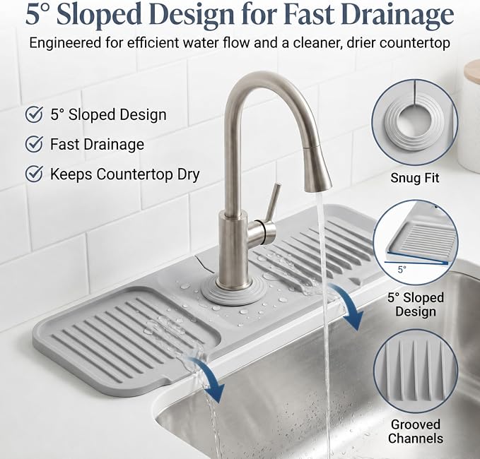 Faucet Mat for Kitchen Sink, Silicone Splash Guard, 17.7x5.5 in, Light Gray | 5° Fast-Draining Slope, Trimmable 1.5–2.6 in Center Hole - Image 2