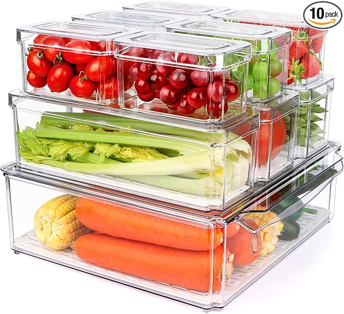 10 Pack Refrigerator Pantry Organizer Bins with Lids, Fridge Organizer Bins | BPA-Free Stackable Clear Plastic Food Storage Bins for Kitchen,Countertops,Cabinets,Fridge,Drinks,Fruits,Vegetables by YKIOKE
