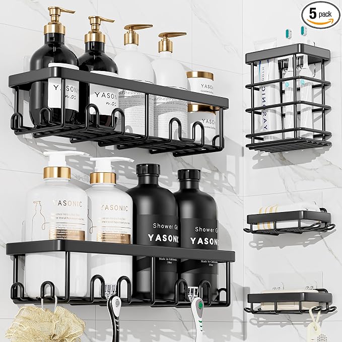 Shower Caddy Adhesive, Rustproof Shower Organizer, Wall Shower Rack | Large Capacity Shower Shelves for Inside Shower, Shampoo Shower Holder, Black, 2 Caddies, 2 Soap Dishes, 1 Toothbrush Holder by YASONIC