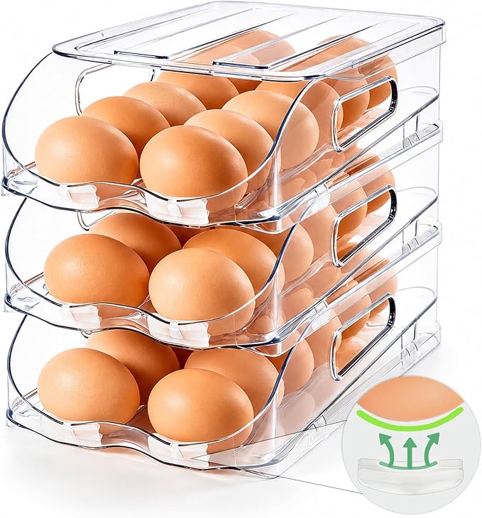 SMRCAD 36-Egg Dispenser with Silicone Bumpers, Auto-Rolling, Stackable | BPA-free food-grade PET | Stackable with lid | Built-in handle | Fits Large to Jumbo Eggs | Hand wash only by SMRCAD