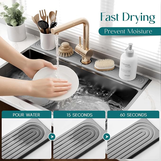 30 inch Kitchen Faucet Absorbent Mat - Diatomaceous Earth Splash Guard for Sink Faucet, Aesthetic Water Absorbing Stone Tray in The Modern Home(Grey, 30" x 3.9") - Image 3