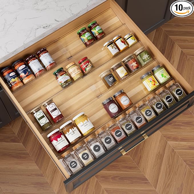 10-Pack Adjustable Spice Drawer Organizer, Expandable Seasoning Rack Tray (13" to 26"), Acrylic Insert with Anti-Slip Mat for Kitchen Cabinet (Jars Not Included) by Brippo