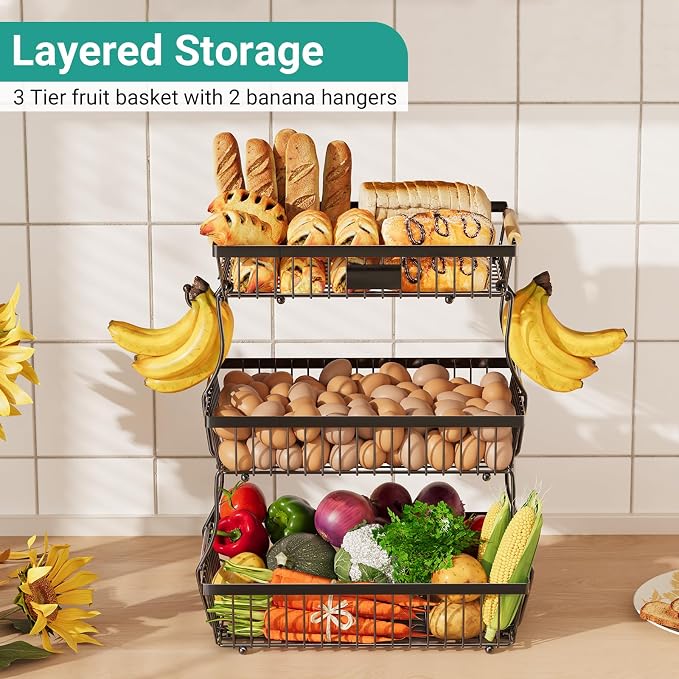 3 Tier Fruit Basket for Kitchen Counter with 2 Banana Hangers, Countertop Metal Fruit Bowl with Wooden Handle, Large Storage Stand for Vegetables, Snacks, Breads, Produce Storage – Black - Image 2