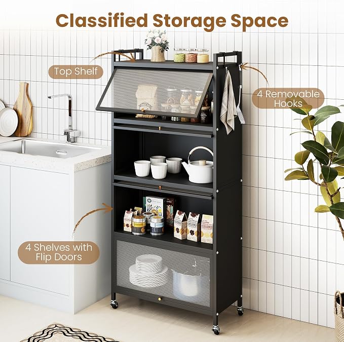 GIANTEX 5-Tier Kitchen Storage Cabinet, 4 PC Doors, Rolling Wheels (Black) | Mobile Metal Pantry Cabinet with 4 Hooks & Adjustable Feet, 60" Baker's Rack Microwave Stand for Dining & Living Room - Image 8