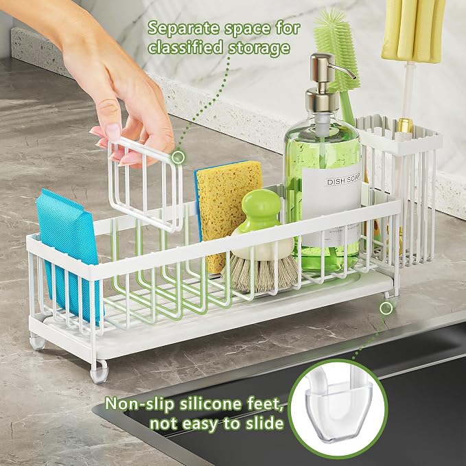 Cisily Extra Large Sink Caddy Organizer with Drying Stone, White Sponge Holder for Kitchen, Dish Brush Holder for Countertop, Kitchen Decor Storage and Essentials - Image 6