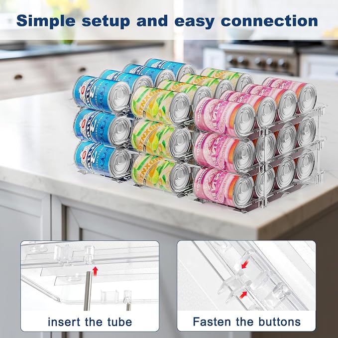 Dayacoco Can Organizer For Pantry,3 Sets 3 Tiers Pantry Organizers And Storage, Pantry Organizer for Fridge 36 Standard and Tall Cans Rack Automatic Rolling Stackable Canned Food Organizer, Clear - Image 4