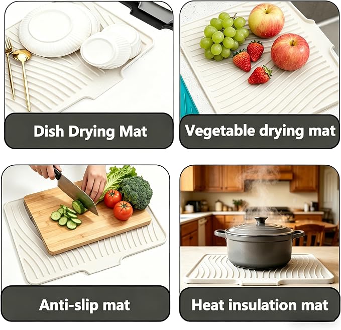 Silicone Dish Drying Mat,15.7"*13"Dish Drying Pad,Kitchen Accessories,with Built-In and Non-Slip Drain,Easy Clean, Fit for Kitchen, Bar, RV, Refrigerator and Drawer Liner, Off White - Image 6
