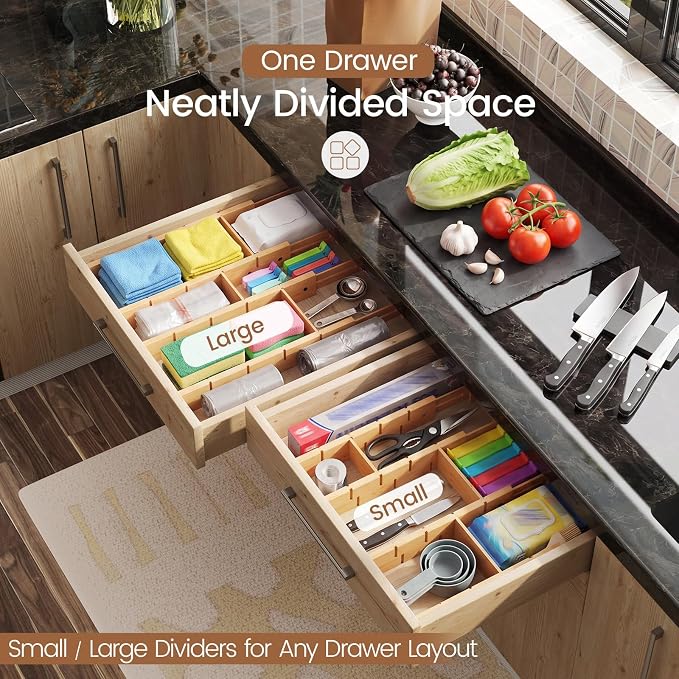 Bamboo Drawer Dividers 8 Pack with Inserts, Kitchen Adjustable Drawer Organizers for Home, Bedroom, Dresser, Expandable Organization 8 Dividers with 16 Inserts - Image 4