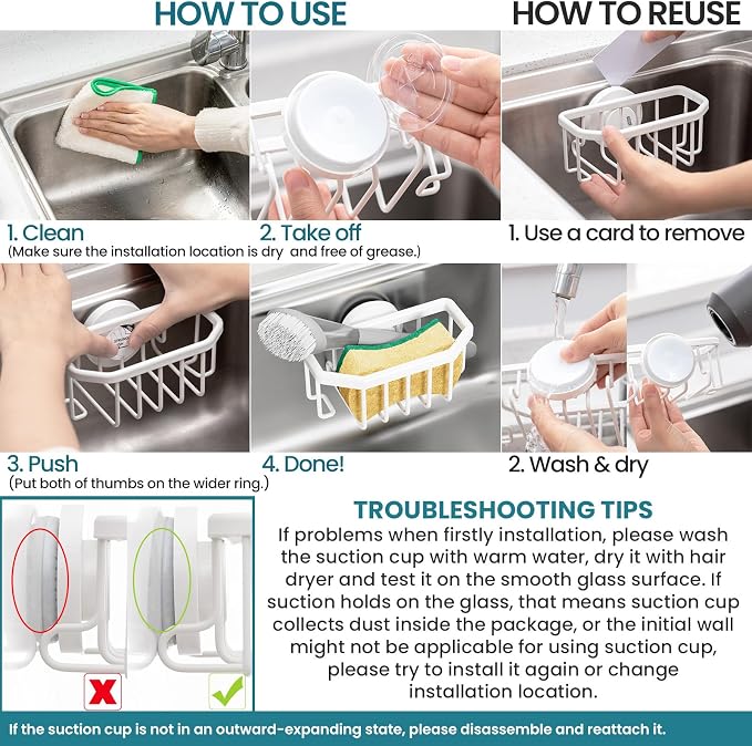 TAILI White Sponge Holder for Kitchen Sink with Strong Suction Cup | Dish Sponge Caddy Inside Sink Removable, Rustproof Aluminum for Sponges, Brushes, Stoppers and Scrapers - Image 8