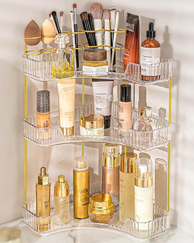 Makeup Organizer 3 Tier Bathroom Counter Organizer with Makeup Brush Holder | Corner Bathroom Organizer Countertop, Acrylic Counter Storage for Bathroom Dresser, Skincare Perfume Organizer- Clear by NATURESSOURCE