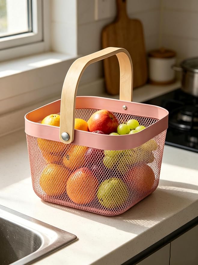 AJIODA Metal Mesh Steel Basket, Storage Organizer Basket Multi-functional Hanging Kitchen Baskets Fruit Baskets with Wooden Handle for Kitchen Bathroom Picnic Shopping Decor Cabinet Home, Rose Pink - Image 5