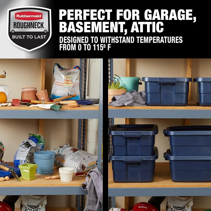 Rubbermaid Roughneck Tote 10 Gal, 8 Pack, Made in USA, Dark Indigo Metallic, Rugged Plastic Stackable Storage Bins with Lids and Handles - Image 5