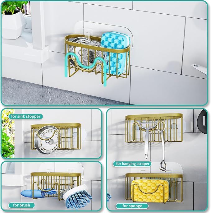 HapiRm Sponge Holder for Kitchen Sink - Unique M-Shaped Sink Caddy | Multifunctional, 2 Installation Ways, Rustproof Stainless Steel Kitchen Organizers and Storage Essentials, Dark Gold - Image 2