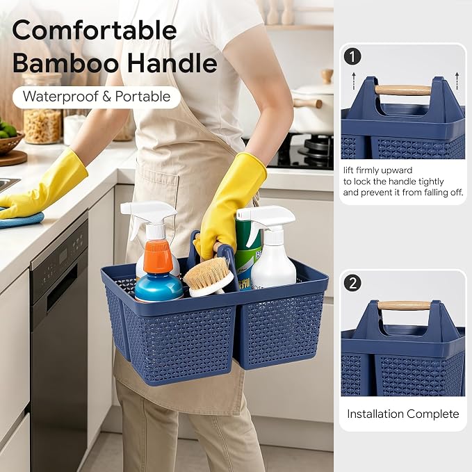 UUJOLY Portable Plastic Shower Caddy Basket with Wooden Handle, Dark Blue | Divided Storage Organizer Tote for Bathroom, Dorm, College, Kitchen & RV – Lightweight, Easy-Carry Essentials Caddy - Image 2