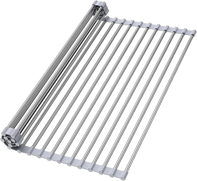 Roll Up Dish Drying Rack for Sink, Over Sink Dish Rack 17 x 15.7 Inch, Silicone Stainless Steel Dish Drainer for Kitchen Counter, BPA Free Utensil Drying Rack, Gray by Unknown