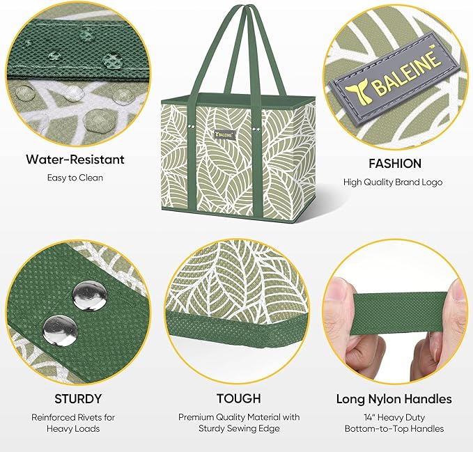 BALEINE 3PK Reusable Grocery Bags, Heavy Duty Shopping Tote Bag | 12'' Long Handles, Reinforced Bottom Keeps Upright, Fold Flat Storage, Water-Resistant Shopping Bag, Multiple Color Options - Image 3