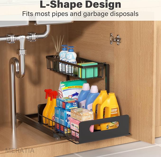 Under Sink Organizer, 2-Tier Pull-Out Metal Drawer, 2 Pack | Black metal 2-pack with lower pull-out drawers and fixed upper baskets for kitchen, bathroom and cabinet storage - Image 4