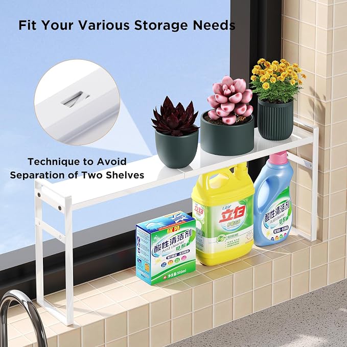 Expandable Narrow Shelf Organizer with 2-Level Adjustable Height | White, Tall Countertop Organizer for Tight Spaces, Windowsill Plant Stand, Over-Sink/Faucet Shelf, Kitchen Counter Storage - Image 3