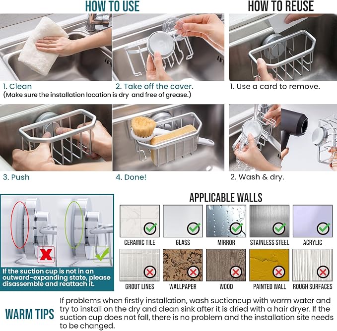 TAILI Sponge Holder for Kitchen Sink with Strong Suction Cup-Silver | Removable Sink Caddy for Kitchen Sink Oganizer, Rustproof Aluminum Sink Sponge Holder for Scraper Brushes, Stoppers - Image 3