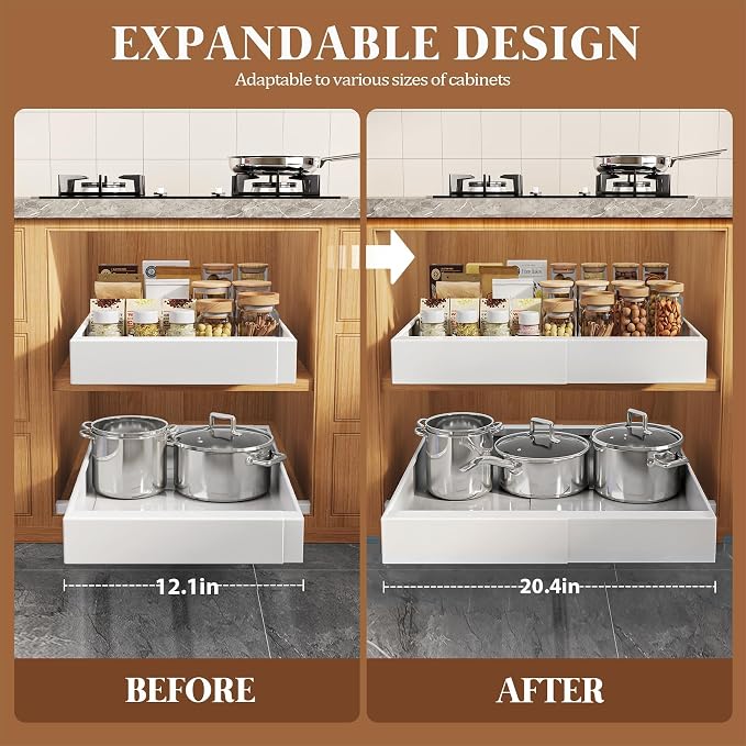 Seinloes 4 Pack Expandable Pull Out Cabinet Organizer 21"Deep With Raising Pad for Framed Cabinets,Upgrade 3 Slide Rails Slide Out Drawers,No Drill Roll Out Shelves,Adjustable Width 12.1"-20.4" White - Image 7