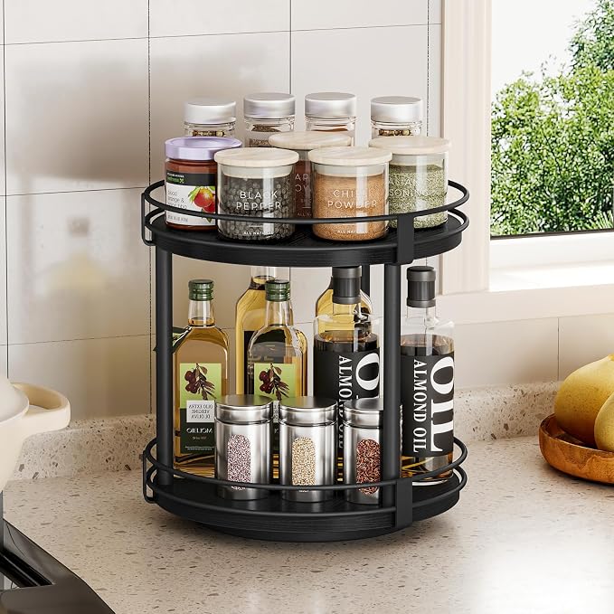 Snughome Lazy Susan Spice Rack, 2 Tier Rotating Spice Rack, Wood Lazy Susan Organizer for Cabinet, Black Kitchen Counter Shelf, 10.2" x 10.2" x 10.4" - Image 3