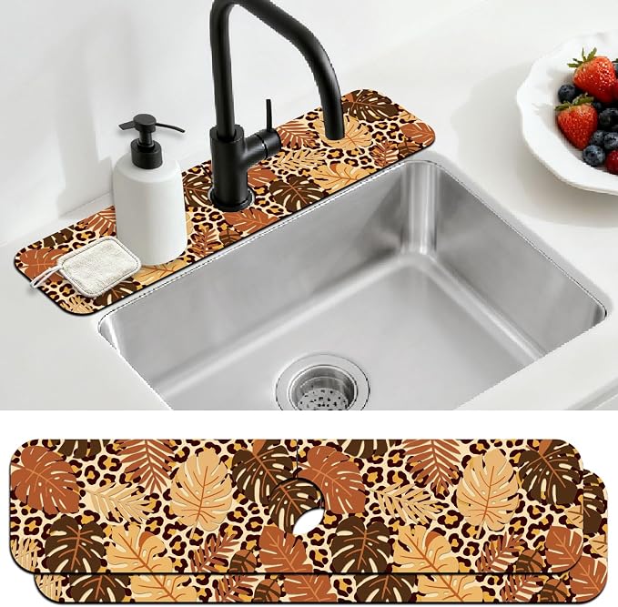 2 Pcs Kitchen Sink Splash Guard Faucet Mat Leopard Print Leaves Faucet Mat for Sinks Leaves Pattern Absorbing Drying Mats for Kitchen Bathroom, 23.6x5.5inch by CONCHLERY%E6%97%97%E8%88%B0%E5%BA%97