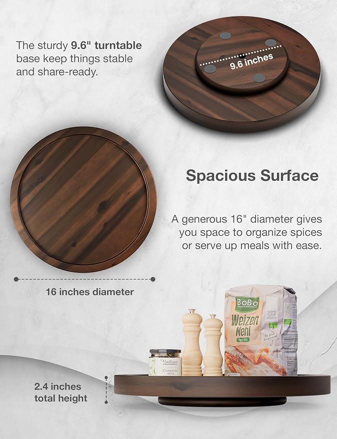 TIDITA 16" Rotating Wooden Lazy Susan Organizer for Cabinet (Walnut Color) | 360° Rotation, Solid Acacia Wood, Non-Skid Pads, Swivel Round Lazy Susans Turntable for Countertop, Decorative Tray & Board - Image 3