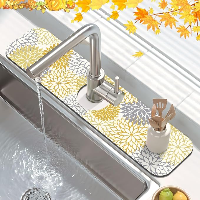 Findosom 2PCS 12" x 20" Fall Dish Drying Mat & 24" x 5.5" Sink Splash Guard, Super Absorbent & Cuttable Dish Mat Drying Kitchen Mat with Yellow Floral, Hide Stain Drying Mat for Kitchen Counter - Image 4
