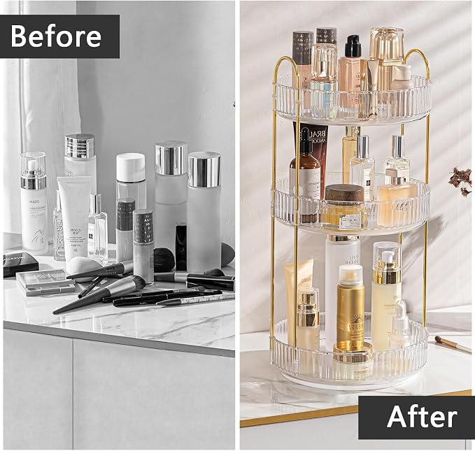 Rotating Makeup Organizer for Vanity, Large Capacity Skincare Perfume Storage, Bathroom Counter Organizer, 360 Spinning Cosmetic Dresser Countertop Organizers (Clear, 3 Tier) - Image 4