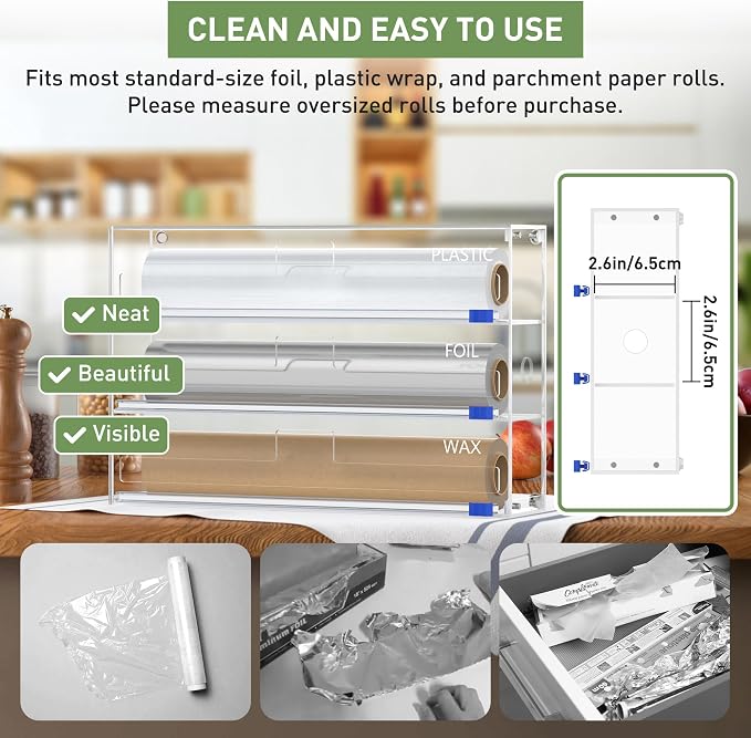 3 in 1 Clear Acrylic Foil, Plastic Wrap Organizer with Cutter | Kitchen Storage, Aluminum Foil Dispenser, Wax Paper Holder, For Drawer or Wall Mount, Fits 12 Inch Roll - Image 5