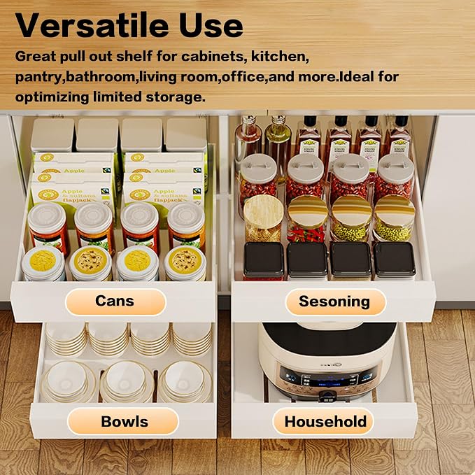 bealy 1 Pack Pull Out Cabinet Organizer Adhesive, 12'' W x 16.9" D x 3.1'' H Heavy Duty Carbon Slide Out Pantry Shelves, Sliding Drawer Pull Out Pantry Shelves for Kitchen, Living Room, Home - Image 6