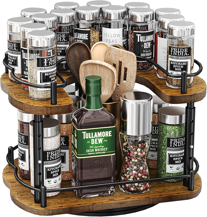 SNTD Lazy Susan Spice Rack Organizer for Cabinet, Wood, Vintage, 12 in | Rotating Turntable, Height Adjustable, Space-Saving D-Shape Design, Revolving Spice Storage for Kitchen Countertop Pantry by SNTD